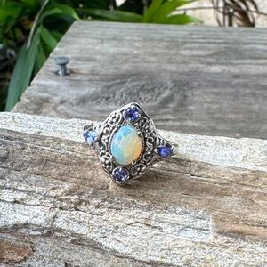 D'joy Sterling Silver Ring with Opal and Tanzanite